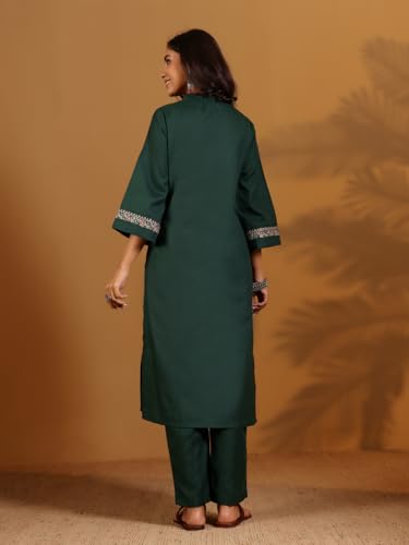Varanga Thread Embroidered With Pleated Deatialing Flared Sleeve Kurta With Trouser Green
