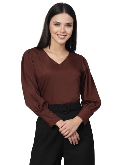 Style Quotient Women Brown Self Design Polyester Regular Smart Casual Top