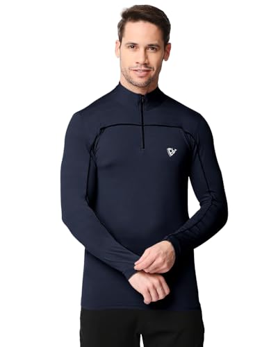 EYEBOGLER Men High Neck Solid Full Sleeve Regular Fit T-Shirt Navy Blue