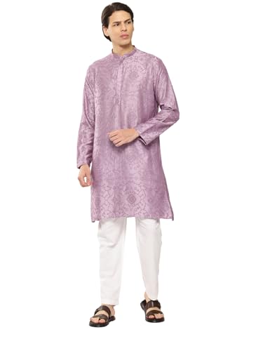 See Designs MenS Long Sleeve Side Slit Lavender Embroidered Thread Work Chanderi Silk Straight Mandarin Collar Kurta - Sdkt2877