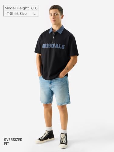 The Souled Store Ogs Only Men And Boys Short Sleeve Collared Neck Black And Blue Embellished Cotton Oversized Polos