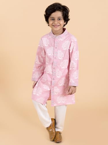 Pspeaches Boys Pink Floral Printed Panelled Pure Cotton Kurta With Pyjamas