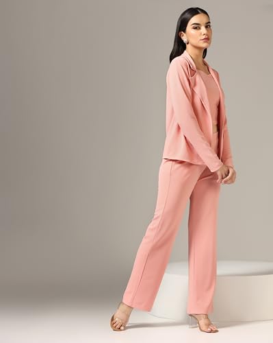 Greciilooks Women Lycra Blend Blazer 3 Piece Co Ord Set Pink