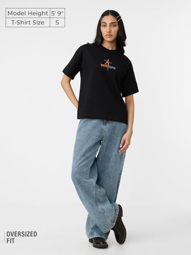 The Souled Store ISRO: Logo Women and Girls Short Sleeve Round Neck Black Embroidered Cotton Oversized T-Shirts