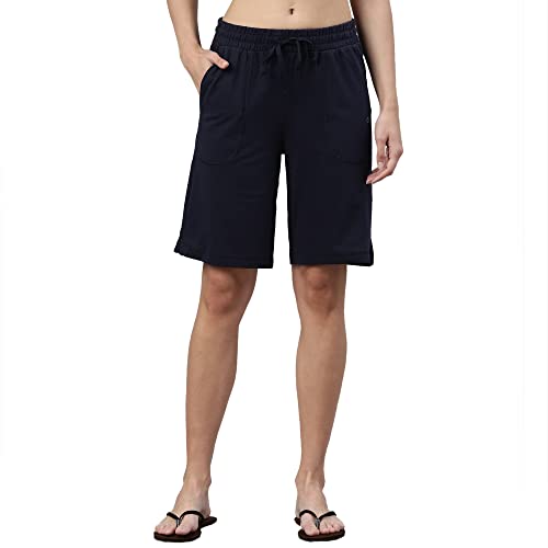 Enamor Essentials Womens Mid Rise Relaxed Fit 100% Cotton Knee Length Shorts Bermuda with Elasticated Waistband and Pockets - E0