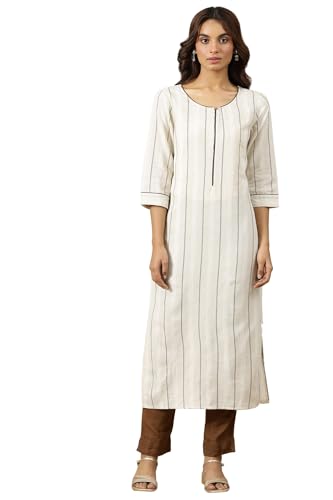 Aurelia Women? Striped Straight Cotton Blend Kurta | Lightweight Round Neck Kurta for Women Cotton | Yarn Dyed Kurta for Women | Soft & Breathable Regular Fit Kurta for Women