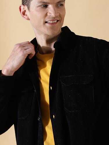 Thomas Scott Mens | Full Sleeve | Corduroy | Double Pockets | Relaxed Fit | 100% Cotton | Spread Collar | Casual | Shirts (Black
