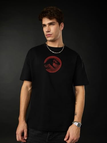 The Souled Store Jurassic World: Error Men and Boys Short Sleeves Round Neck Black Graphic Printed Cotton Breathable Lightweight