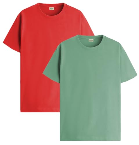 ADRO Men's Solid Regular Fit T-Shirt (RCM2-PLN-RD-PT_Red,Pista