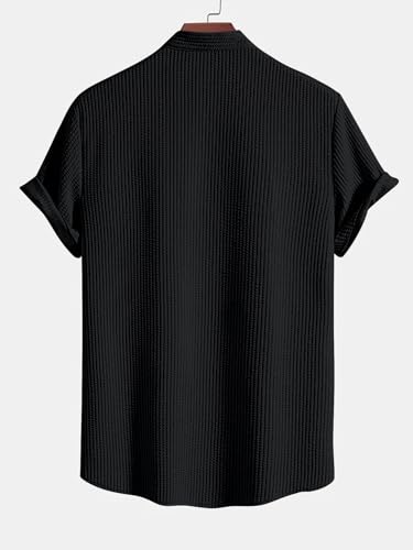 Greciilooks MenS Summer Casual Two Piece Outfit, Textured Button Down Shirt And Shorts Set Black