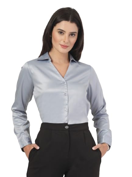 Style Quotient Women Solid Light Grey Satin Regular Fit Formal Shirt
