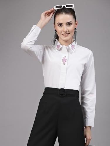 Style Quotient Women Embroidered White Polycotton Regular Smart Casual Shirt
