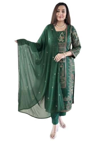 Anni Designer WomenS Rayon Viscose Straight Printed Kurta With Pant And Dupatta (Vabna Green_S_Green_Small)