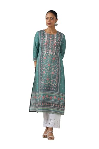 Soch Womens Teal Rayon Botanical Kurta with Beeds