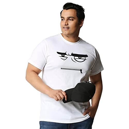 Bewakoof Plus Size Mens Angry Zip Graphic Print Cotton T-Shirt- Regular Fit, Round Neck, Half Sleeves 472983_White_6XL