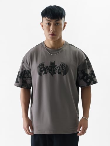 The Souled Store Official Batman: GothamS Saviour Mens And Boys Oversized Fit Graphic Printed Half Sleeve Cotton Grey Color Ove