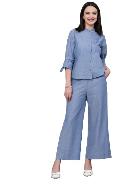 Style Quotient Women Blue Chambray Relax Fit Shit And Pant Co-Ord Set
