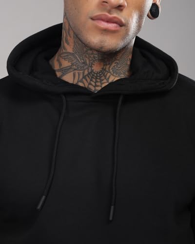 ADRO Men's Printed Hoodie, Black, Size 30, Model H24-M-PLN-BL, Cotton Blend, Stylish and Comfortable Hooded Sweatshirt for Men