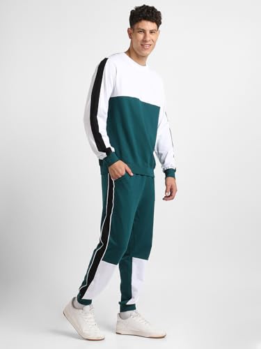 Nobero MenS Green Colorblock Cotton Coord-Set With Joggers