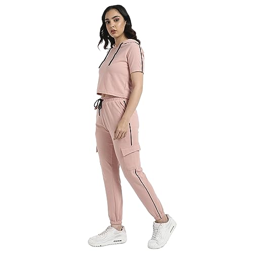 Campus Sutra Womens Peach Hooded Co-Ord Set with Contrast Piping for Casual Wear | Hooded Neck | Short Sleeve | Drawstring Clos