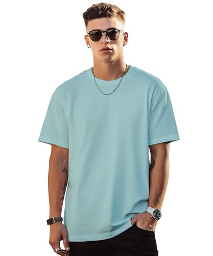 Peppyzone Mens Solid Oversized Fit T-Shirt (PZ-OSTsolid22_Sky Blue