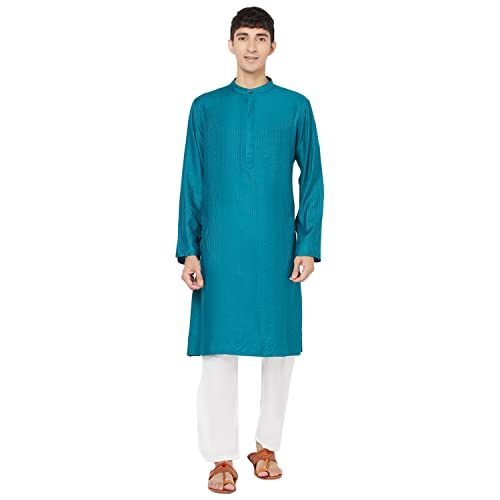 Fabindia MenS Viscose Blend Solids Comfort Kurta_Teal_L
