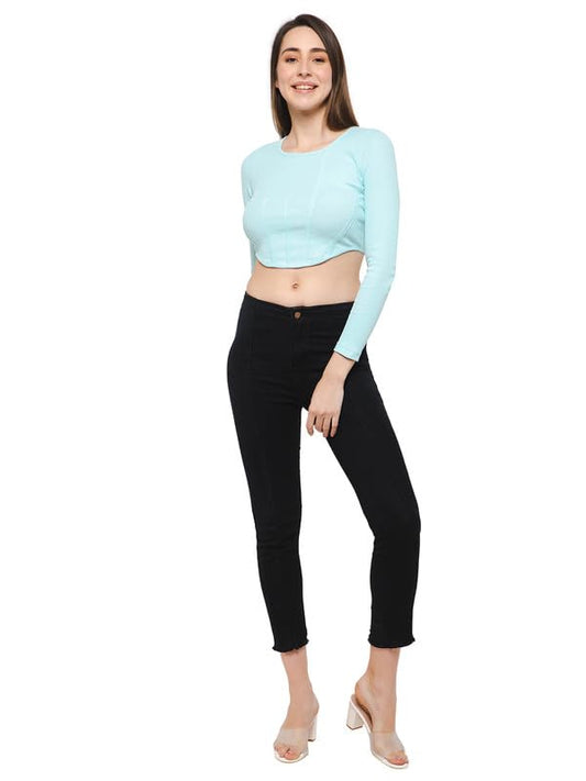 Clovia Womens Cotton Chic Basic Ribbed Bustier Crop Top (CM0041P03_Blue_M)