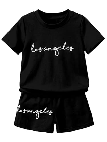 AVANOVA Boys Black 2pcs/Set Young Boy Loose Comfortable T-Shirt With Los Angeles Print And Shorts, Casual Cute Style Suitable F
