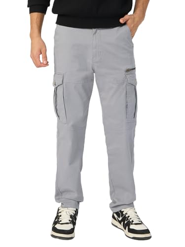 The Souled Store Solids: Stone Grey Men and Boys Straight Fit Cargo Pants Solid Pants