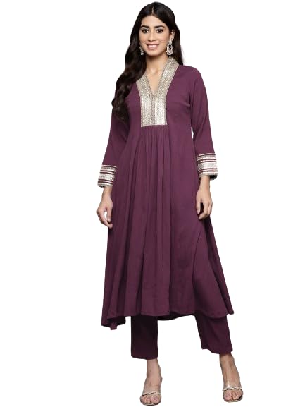 Varanga Women Purple Zari Lace Embellished Yoke A-Line Kurta Set