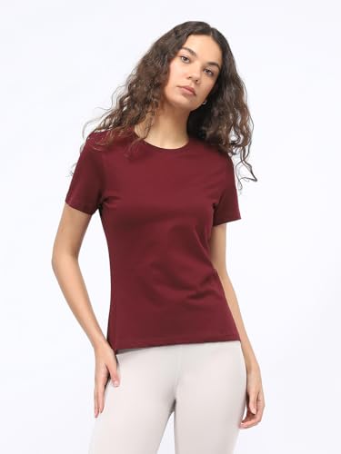 Nobero WomenS Solid Regular Fit T-Shirt (1W-Twts-R0003_Wine Red