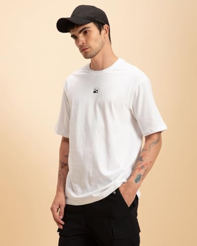Bewakoof Mens Karma Circle Typography 100% Cotton T-Shirt - Oversized Fit, Round Neck, Half Sleeves White