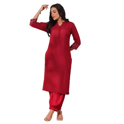anubhutee Women's Maroon Solid Mandarin Collar Pure Cotton Straight Kurta