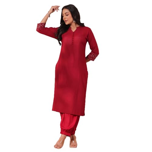 anubhutee Women's Maroon Solid Mandarin Collar Pure Cotton Straight Kurta