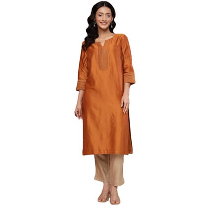 Fabindia WomenS Cotton Silk Embroidered Regular Fit Kurta (1039080Rust_Rust
