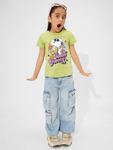 The Souled Store Peanuts: Groovy Vibes Girls Short Sleeves Round Neck Green Graphic Printed Cotton T-Shirts