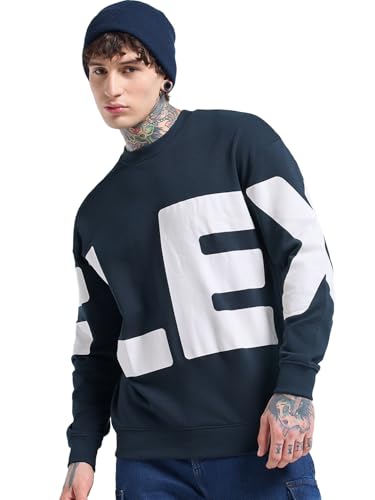 Bewakoof MenS Typography Oversized Fit Full Sleeve Round Neck Cotton Sweatshirt_684264_Blue_Xl