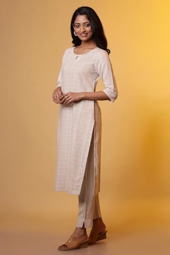 Aurelia WomenS Cotton Blend Checkered Regular Kurta (24Fea15220_Beige