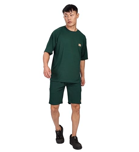 Shodox MenS Round Neck Solid Relaxed Fit Tshirt And Short Co-Ords Set For Mens (Pack Of 1) Bottle Green