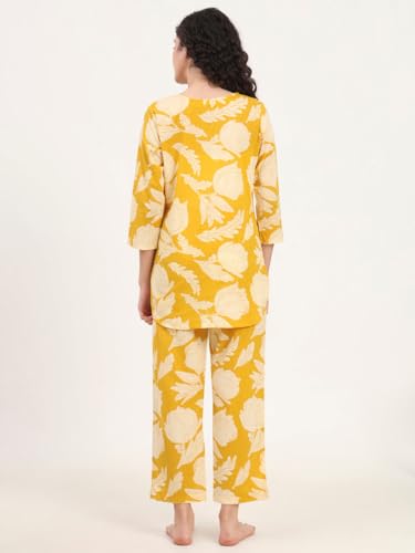 Pinkmint Pure Cotton Co Ord Set for Women l 3/4 Sleeve Printed Comfortable & Stylish Trendy Top & Bottom Matching Set Yellow