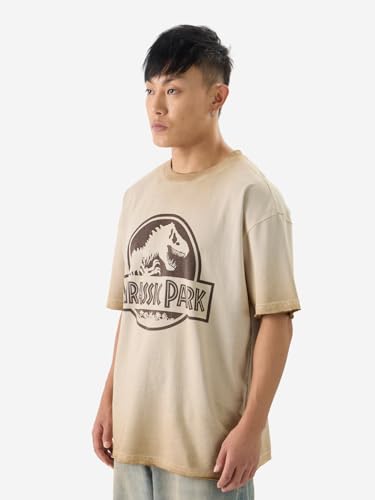 The Souled Store Official Jurassic Park: Logo Men And Boys Short Sleeves Round Neck Beige Graphic Printed Cotton Oversized T-Shi
