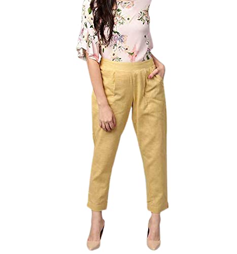 Digital Shopee Regular Fit Elastic Waist Ankle Length Cotton Casual Trouser With Two Side Pockets For Women Beige