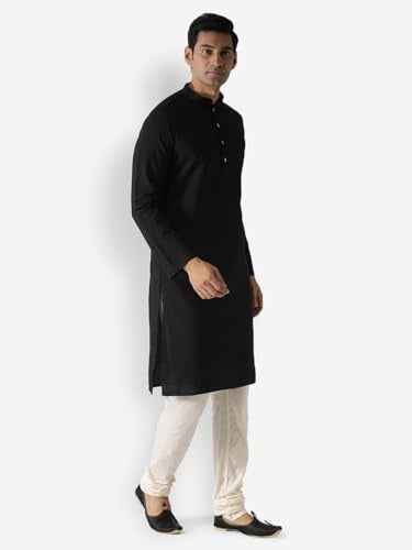 Kisah Men Midnight Black Kurta Full Sleaves, Knee Length, Straight, Regular Fit, Mandarin Collar Ethnic Wear