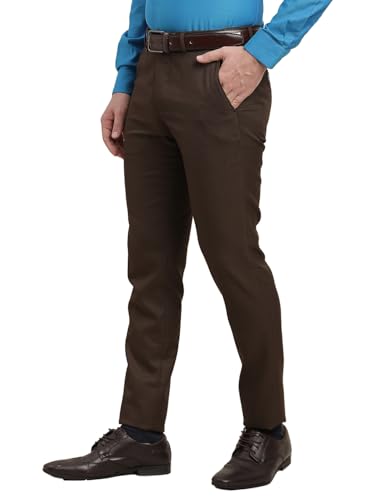 Turtle Men Poly Viscose Brown Dobby Printed Ultra Slim Fit Formal Trouser