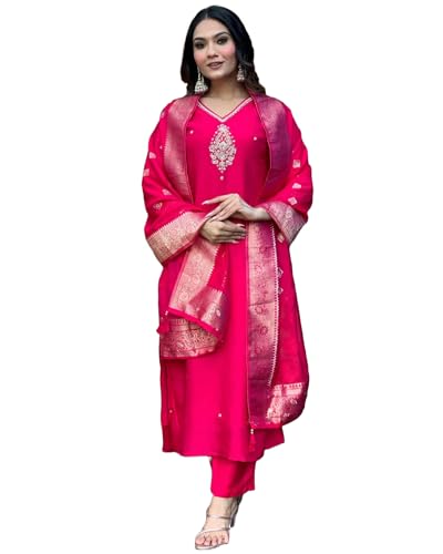 GoSriKi Womens Silk Blend Straight Embroidered Kurta with Pant & Dupatta (Premium Pink-GS_XL_Pink_X-Large)