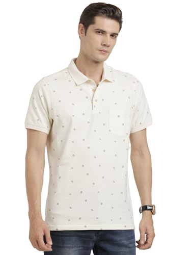 Turtle Men Knitted Cream Half Sleeve Casual Printed Polo Tshirt