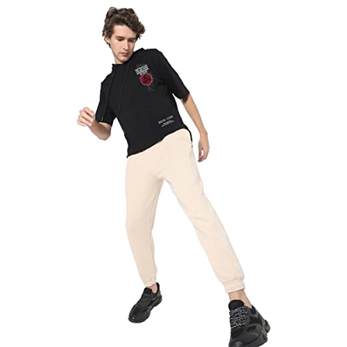 Bewakoof Mens Graphic Print 100% Cotton T-Shirt- Oversized Fit, Hooded Neck, Half Sleeves Black