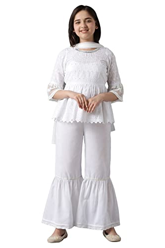 Aurelia Girl's Cotton Blend Printed Regular Kurta & Sharara & Dupatta Kurta Set