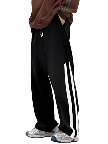 AVANOVA Mens Black Striped Sports Track Pants  Loose Fit Casual Trousers with Drawstring Waist, Straight-Cut Outdoor Running &