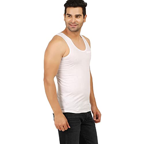 PRAKASAM COTTON Mens Combed Cotton Round Neck Sleeveless White Vest with Extended Length for Easy Tuck (Platinum) Pack of 3